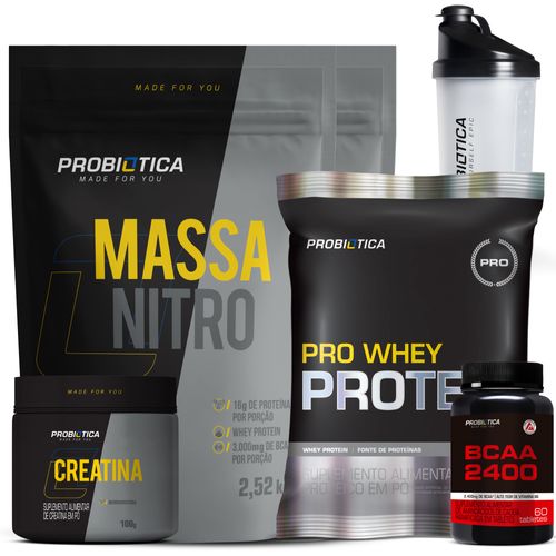 Kit Ganho de Massa:  2x Massa Nitro +  Pro Whey +Creatina 100g + Bcaa 60 + Coqueteleira